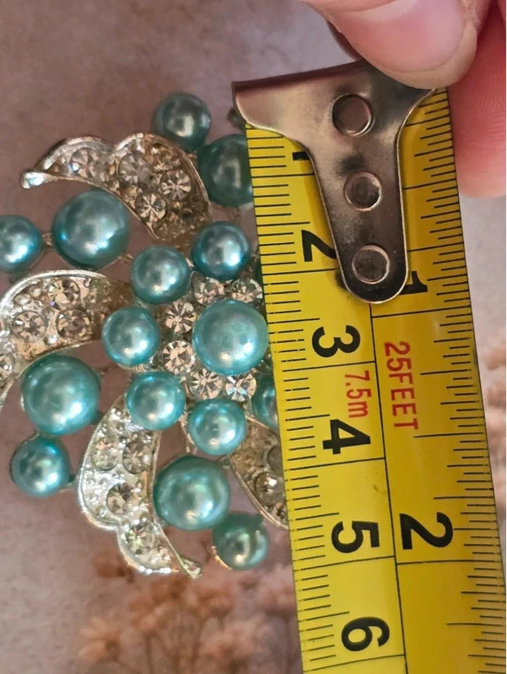 Vintage Aqua Blue Faux Pearl & Clear Rhinestone Floral Burst Brooch Pin